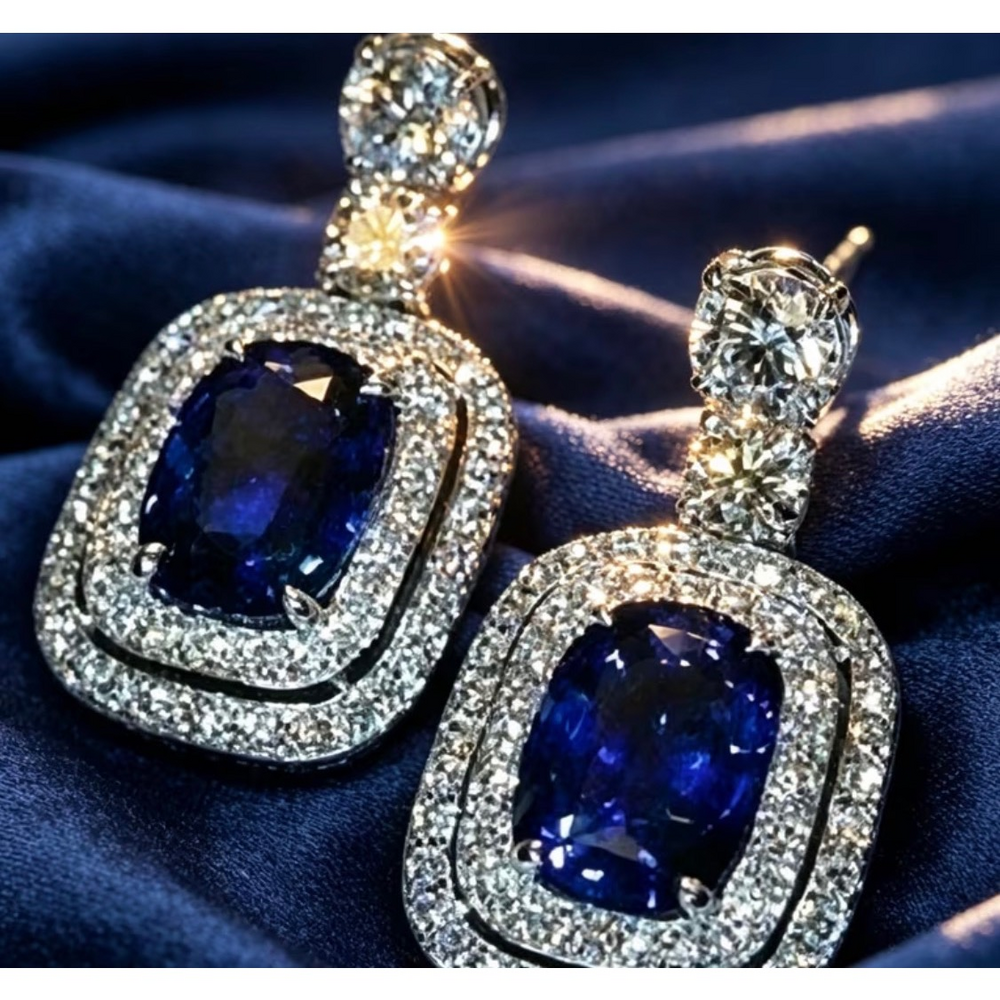 Unbranded Blue Sapphire and Diamond Halo Drop Earrings - Picture 2 of 5